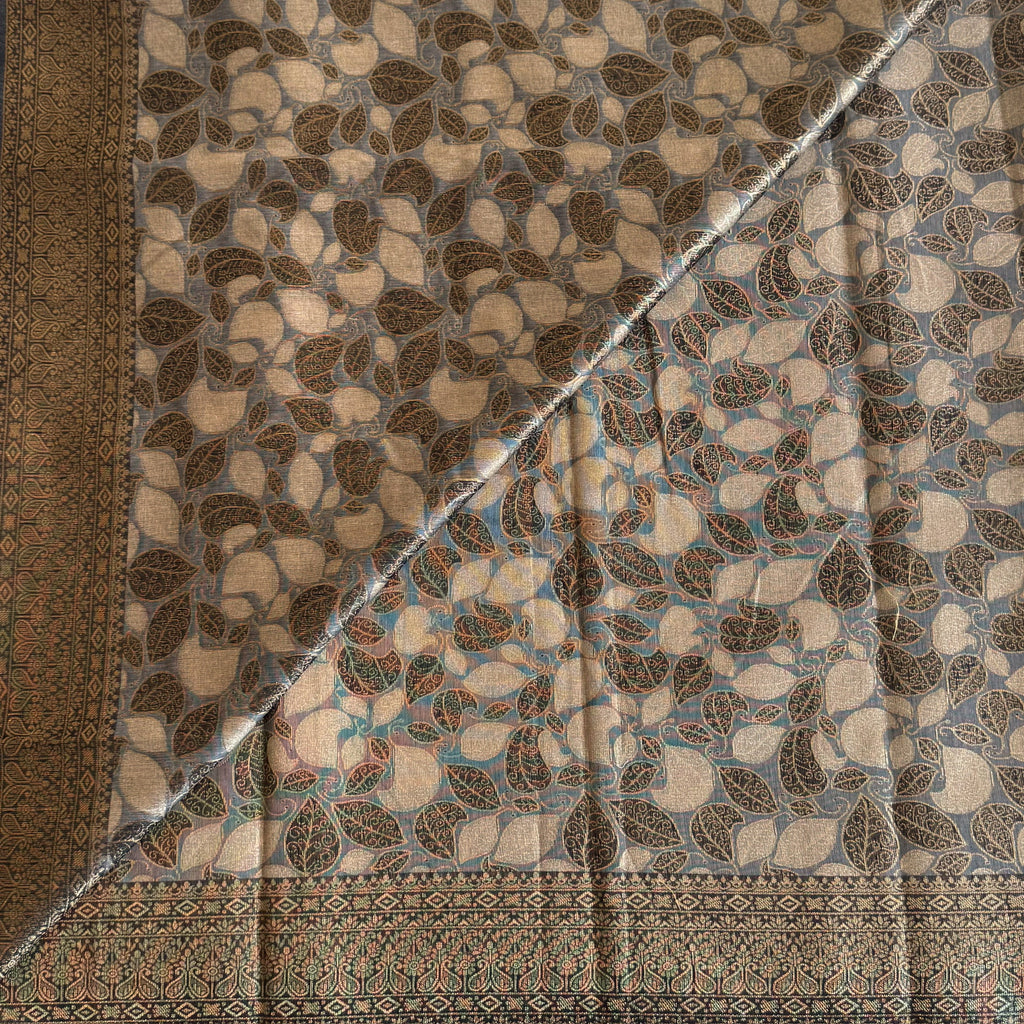 Bronze Brocade Saree With Leaf Motif And Medallion Pallu