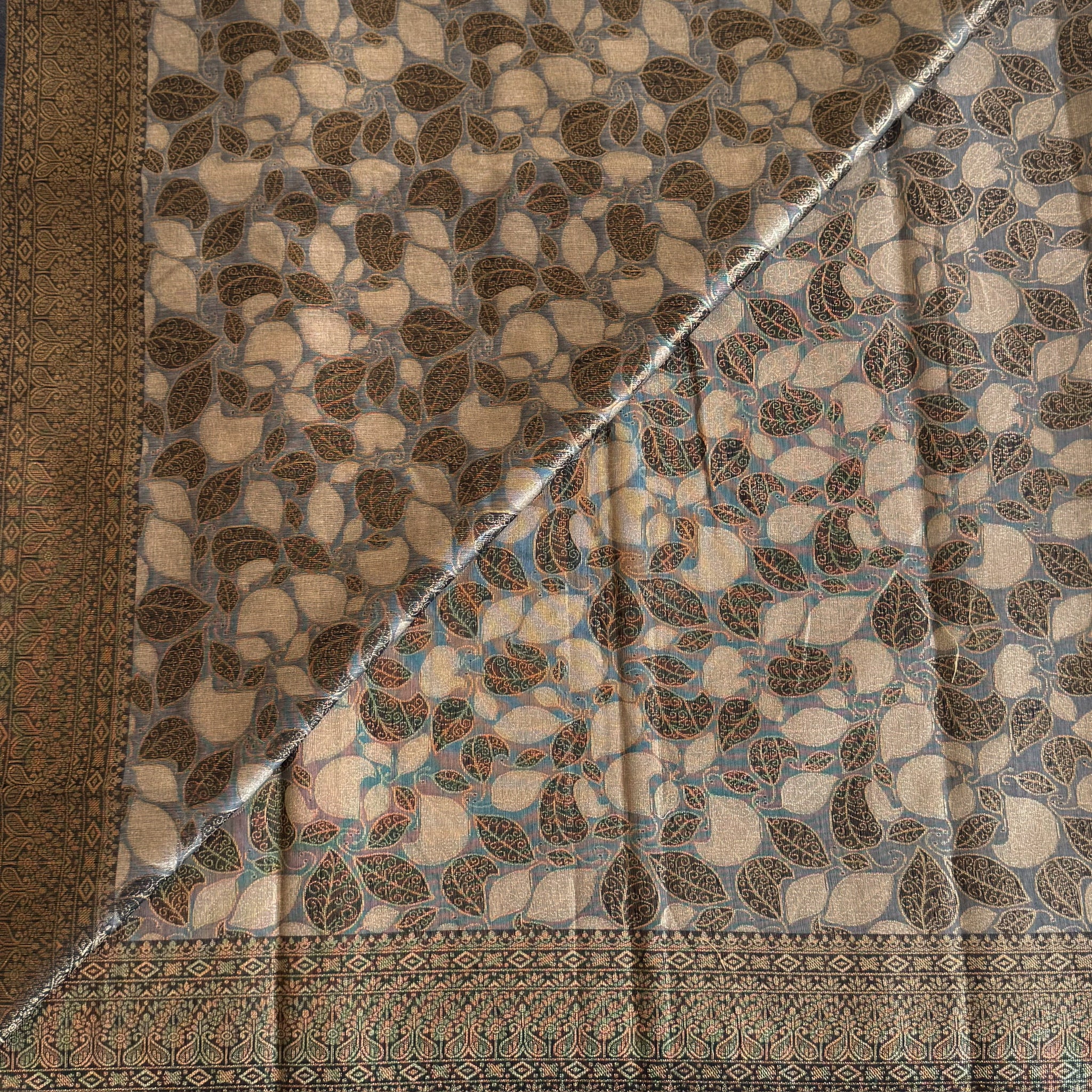 Bronze Brocade Saree With Leaf Motif And Medallion Pallu