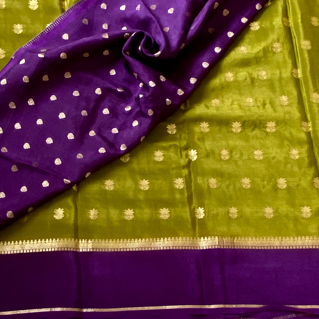 Olive Green soft crepe beauty with Deep Purple Zari Pallu and Border