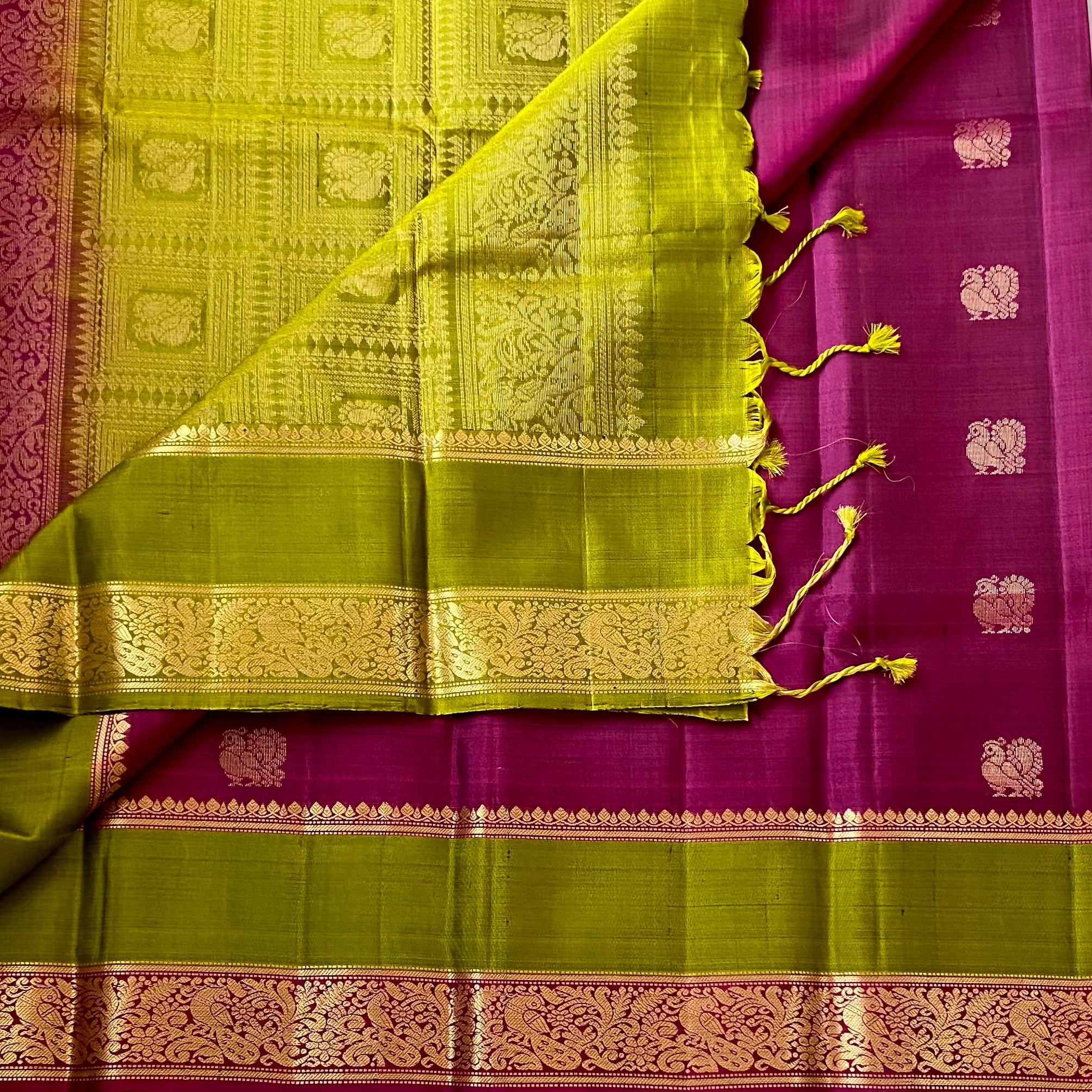 Exclusive Magenta with Olive green Handwoven Pure silk