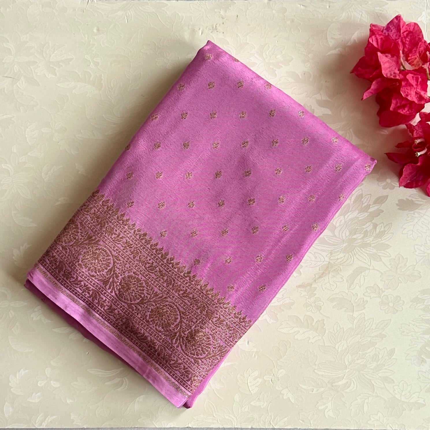 Orchid Pink Banarasi Silk Saree With Intricate Gold Zari Work