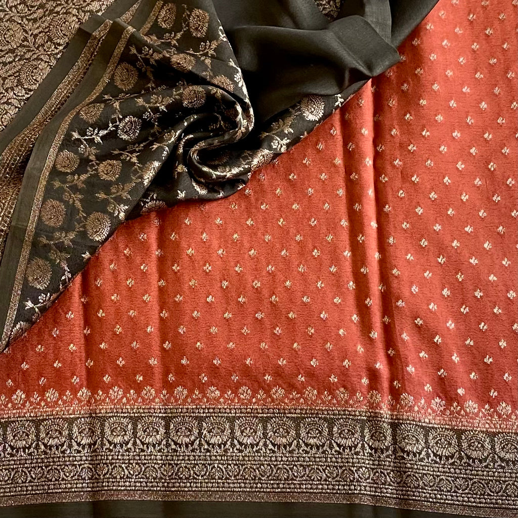 Rare beauty Rust Orange Banarasi Crepe Silk Saree Deep Olive With Pallu