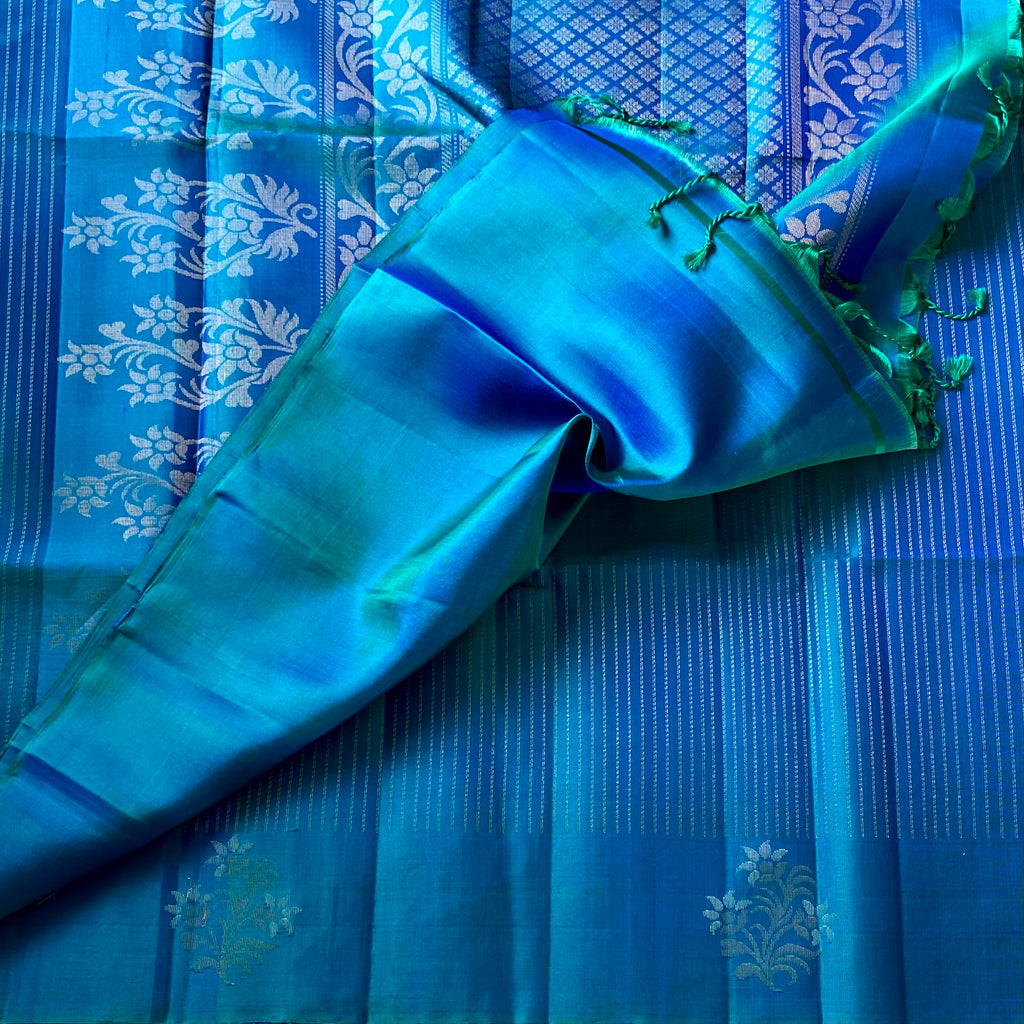 Cobalt Blue Teal Woven Saree with Silver Zari Floral Design
