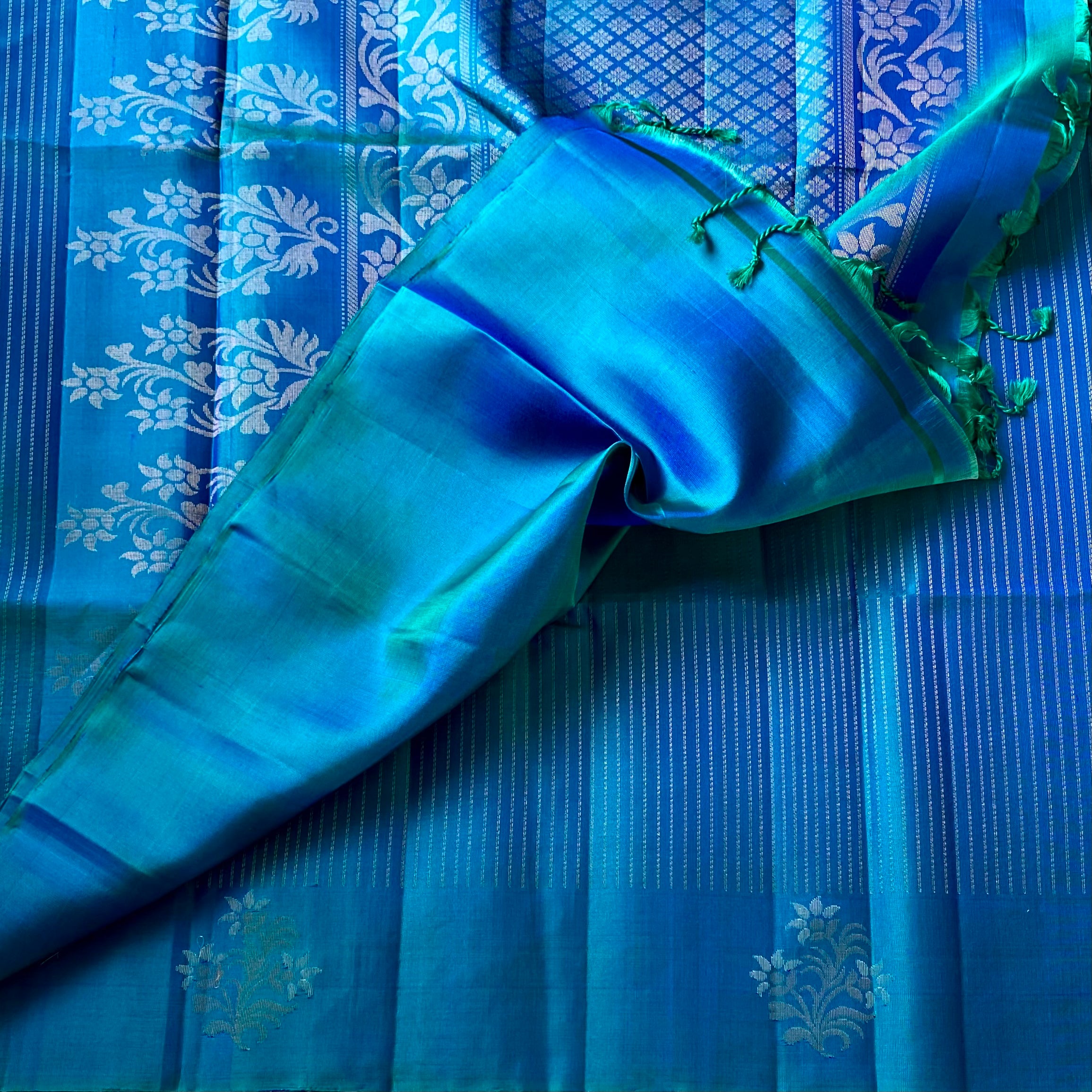 Cobalt Blue Teal Woven Saree with Silver Zari Floral Design