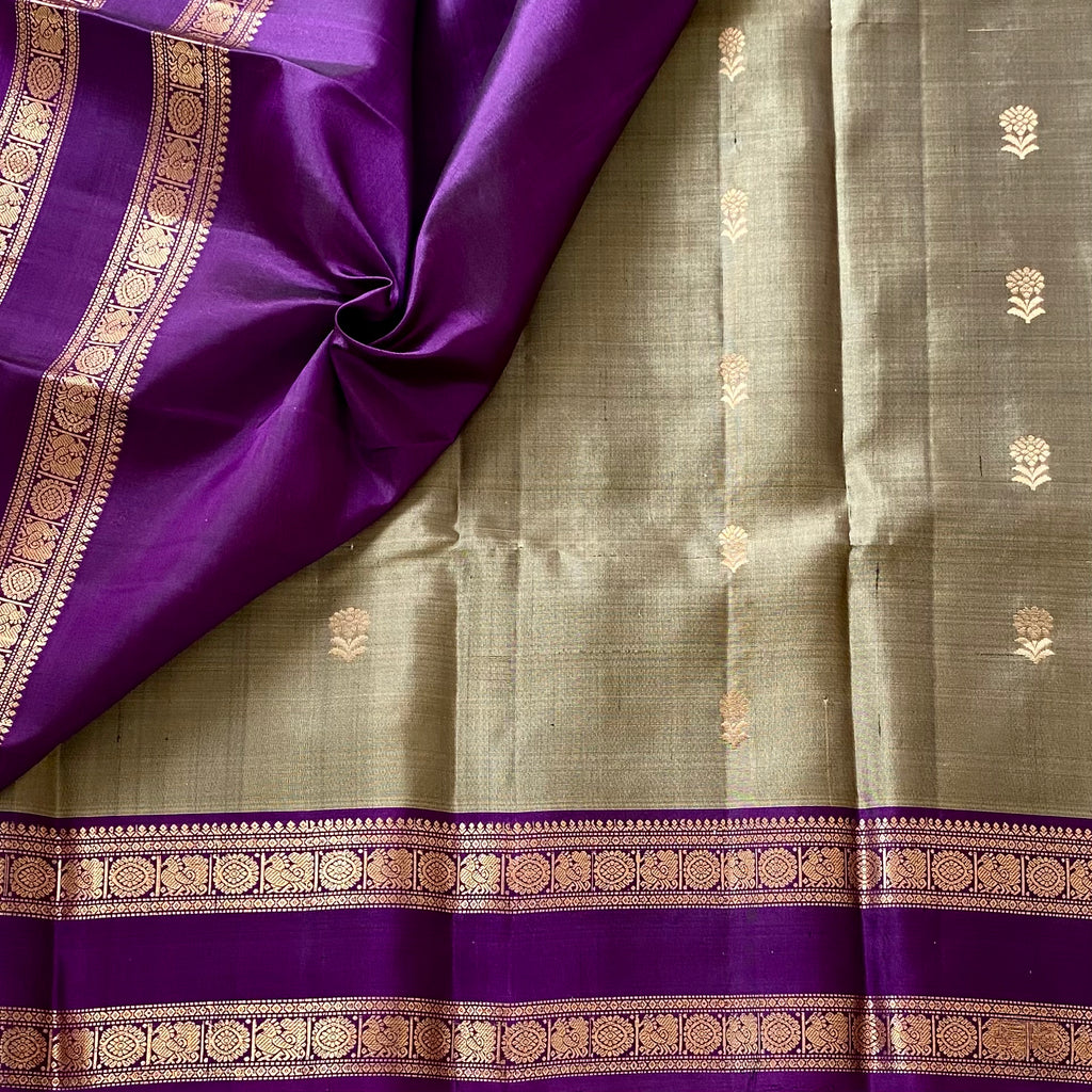 Metallic Sage Green Designer Pure Silk Saree Royal Purple Zari Borders