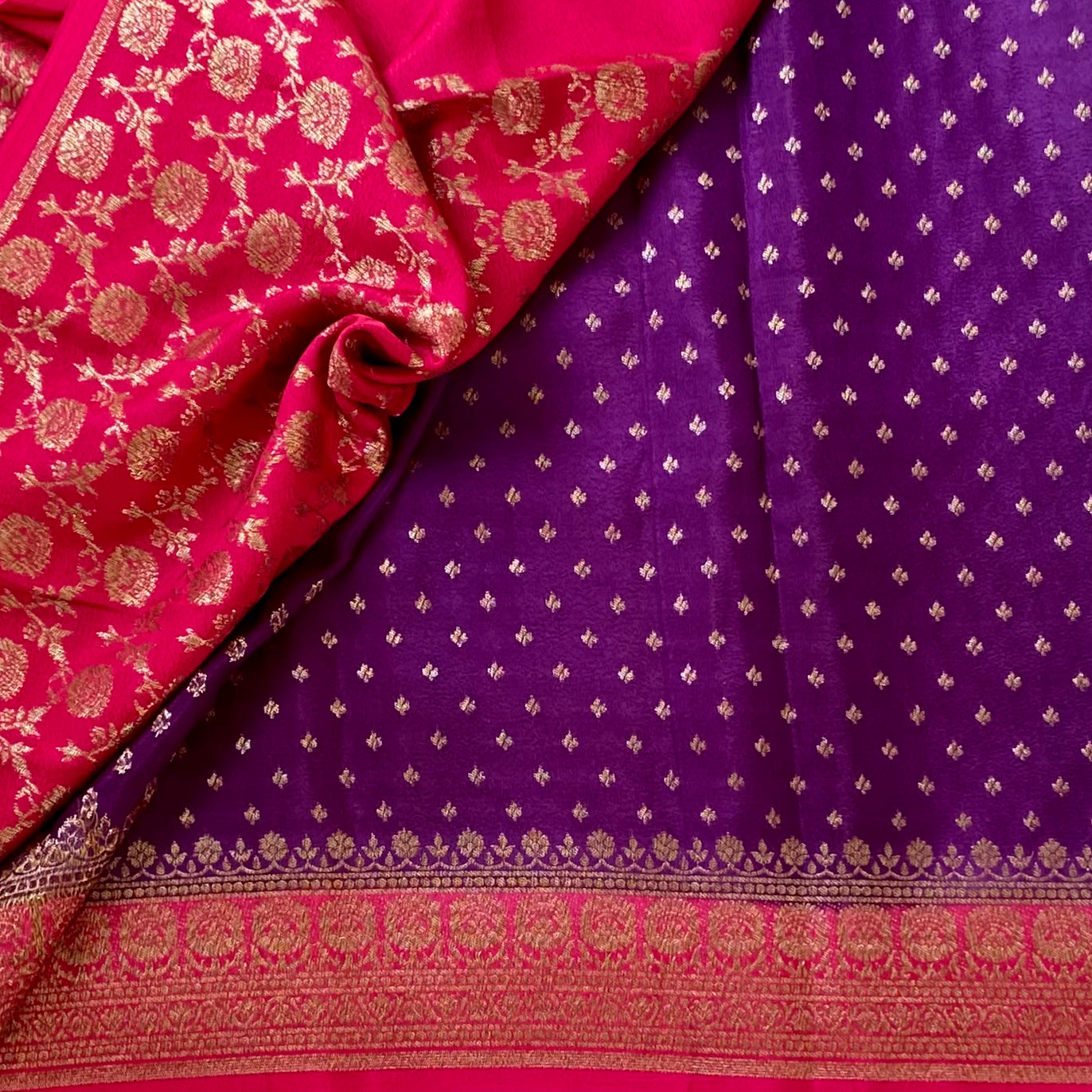 Traditional Purple Magenta Saree Gold Brocade Contrast Border Festive Wear