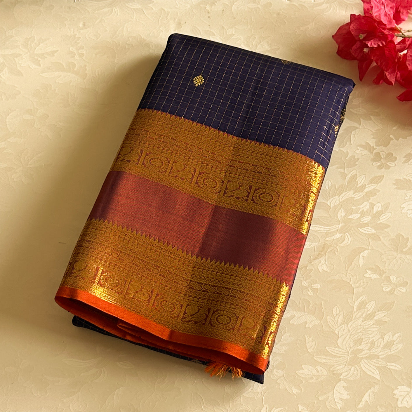 Deep Maroon Gold Brocade Silk Saree Navy Pallu Traditional Wedding