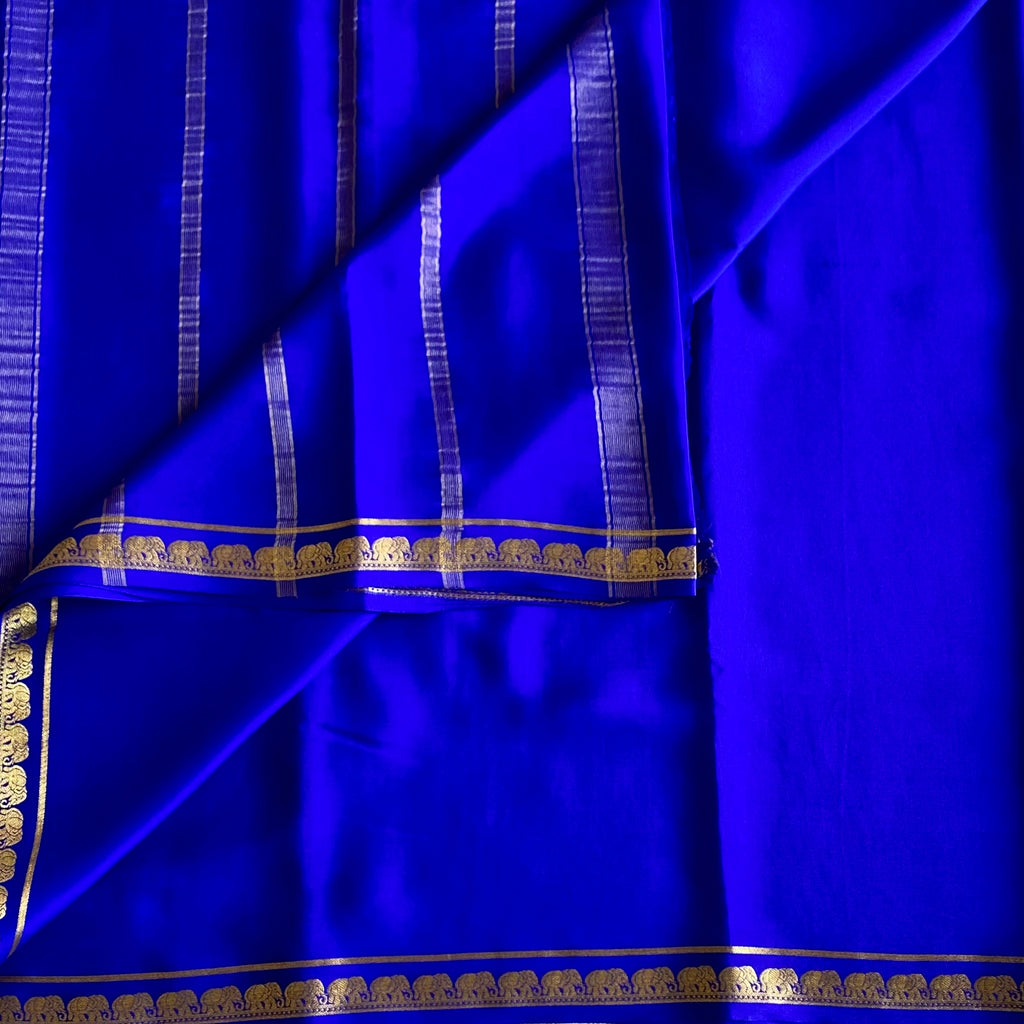 Royal Blue Mysore Crepe Silk Saree With Antique Elephant And Gold Border