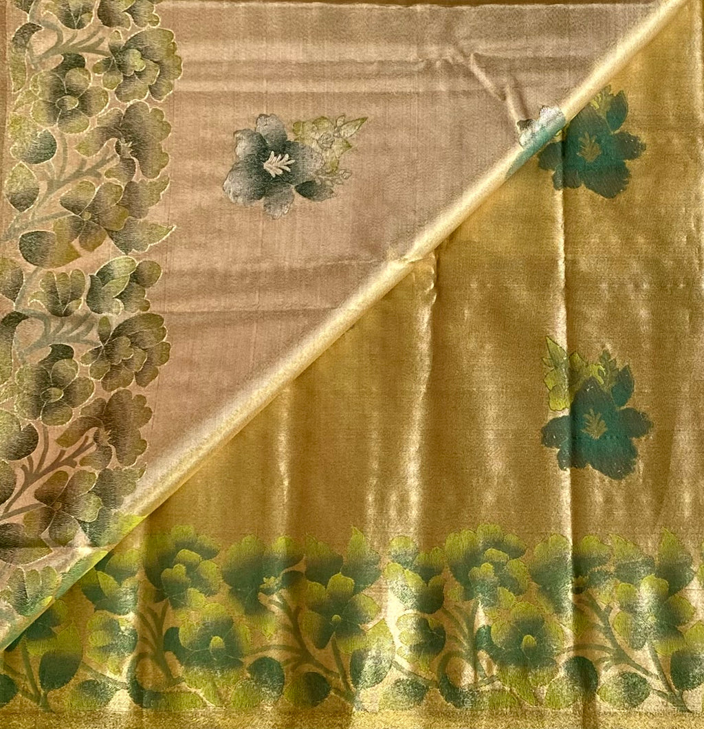 Champagne Gold Teal Paisley Silk Saree With Floral Zari Border