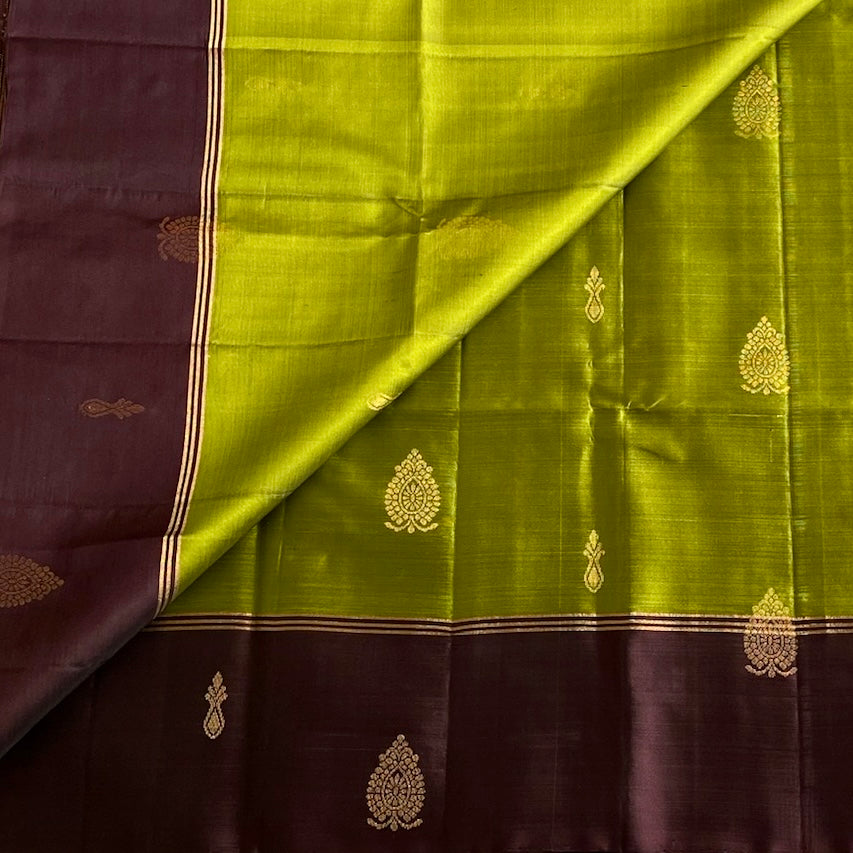 Bright Olive Green With Deep Plum Designer Pure Silk