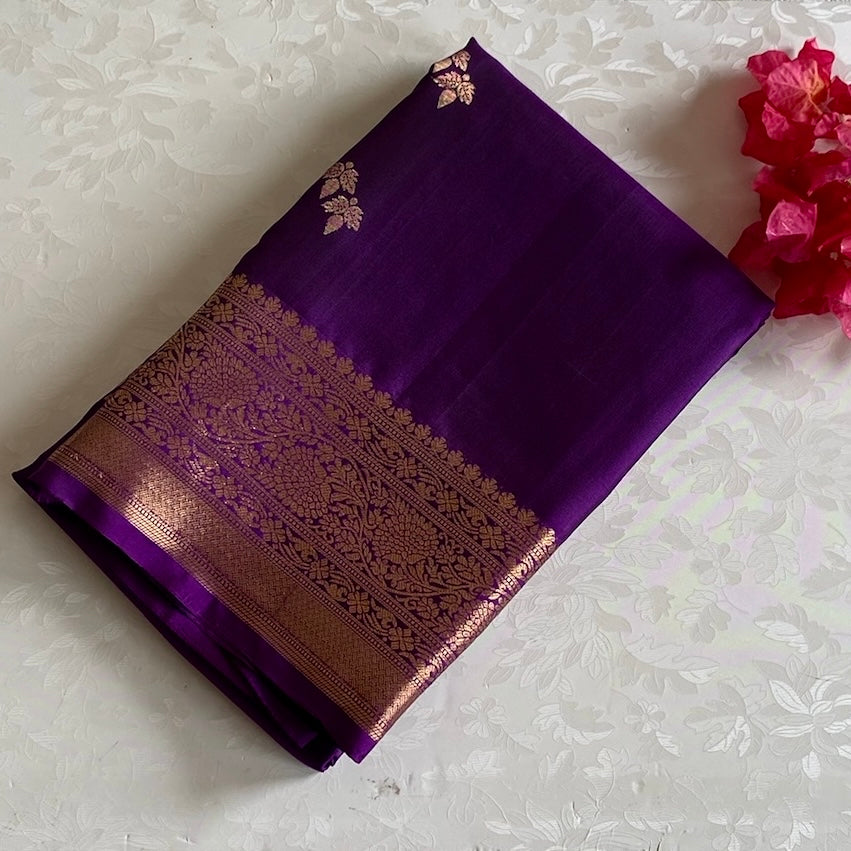 Eminence Purple Designer Pure Silk Saree With Rich Gold Zari Border