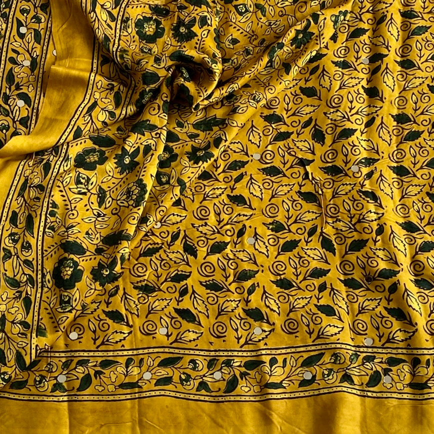 Dreamy Mustard Hand mirror. Work Ajrakh Handblock Printed Silk Saree For Festive