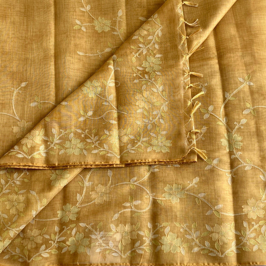 Mustard Yellow Floral Embroidered Saree with Tassel Border Elegant Traditional