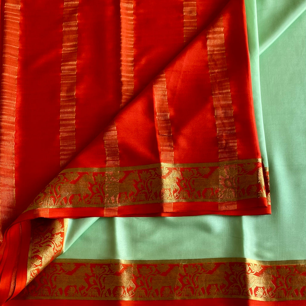 Mint Green & Vermilion Red Mysore Crepe Silk With Designer Borders