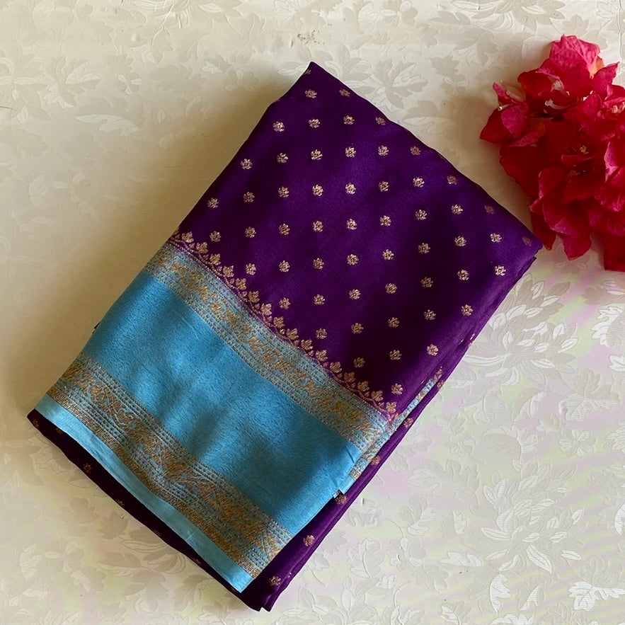 Royal Purple Sky Blue Banarasi Crepe Silk Saree With Brocade Pallu