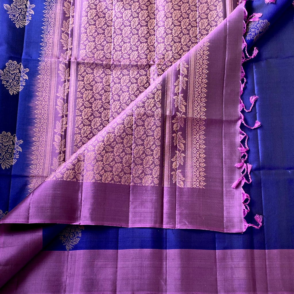 Elegant Royal Blue Orchid Purple Floral Zari Traditional Woven Saree