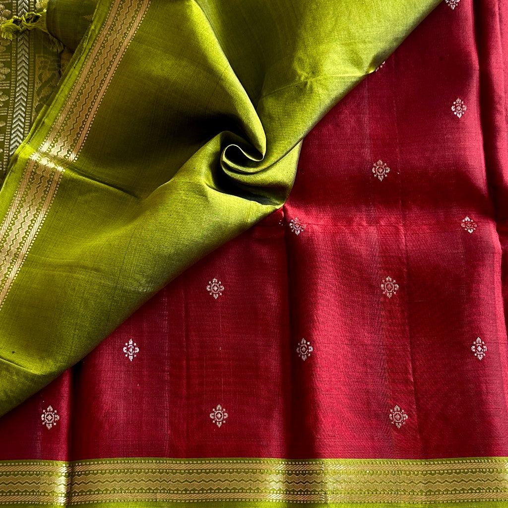 Maroon Lime Green Silk Saree Gold Zari Woven Pallu Buti
