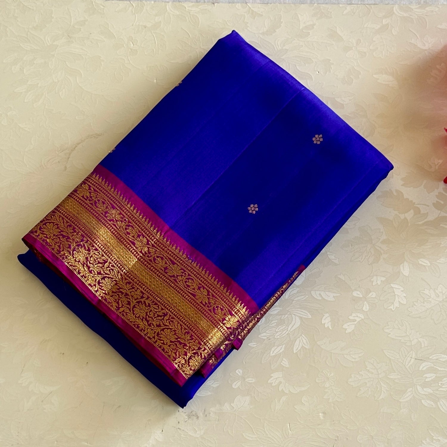 Cobalt Blue Silk Saree Fuchsia Pallu Gold Brocade Paisley Wedding
