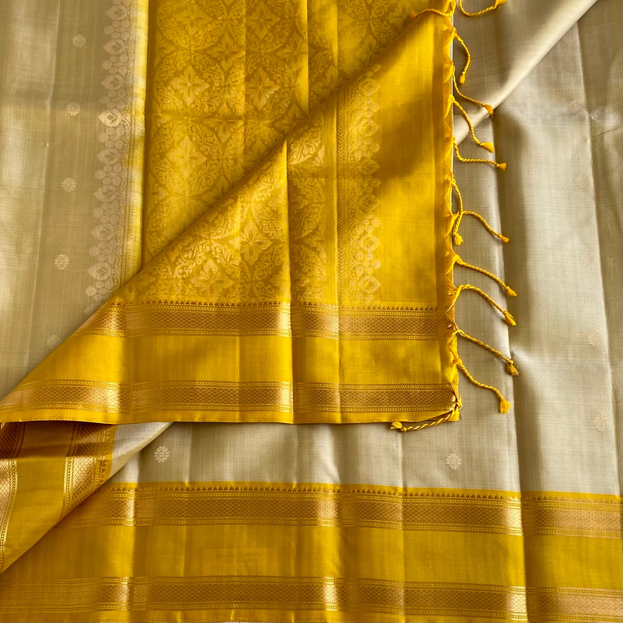 Beige Designer Pure Silk Saree With Classic Yellow Pallu