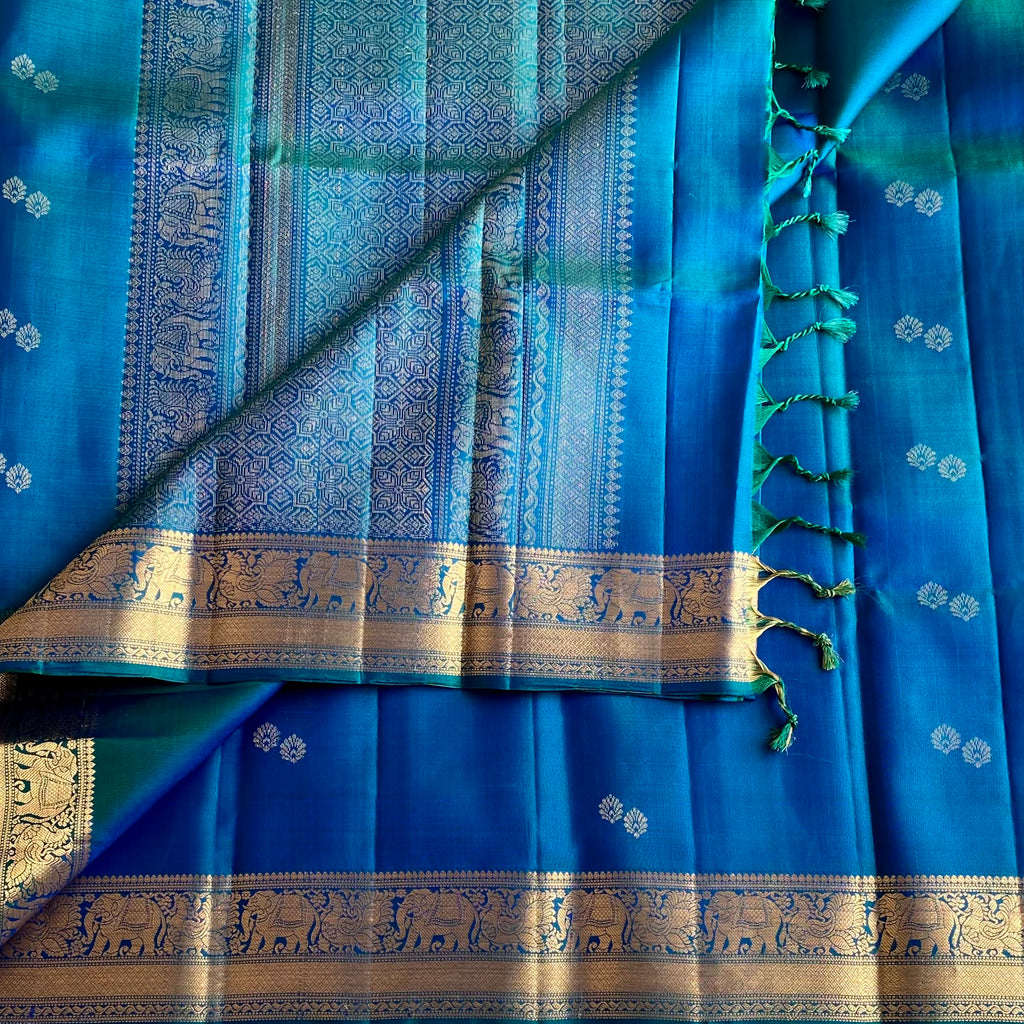 Peacock Blue Designer Pure Silk Saree With Twin Butta Antique Gold Zari