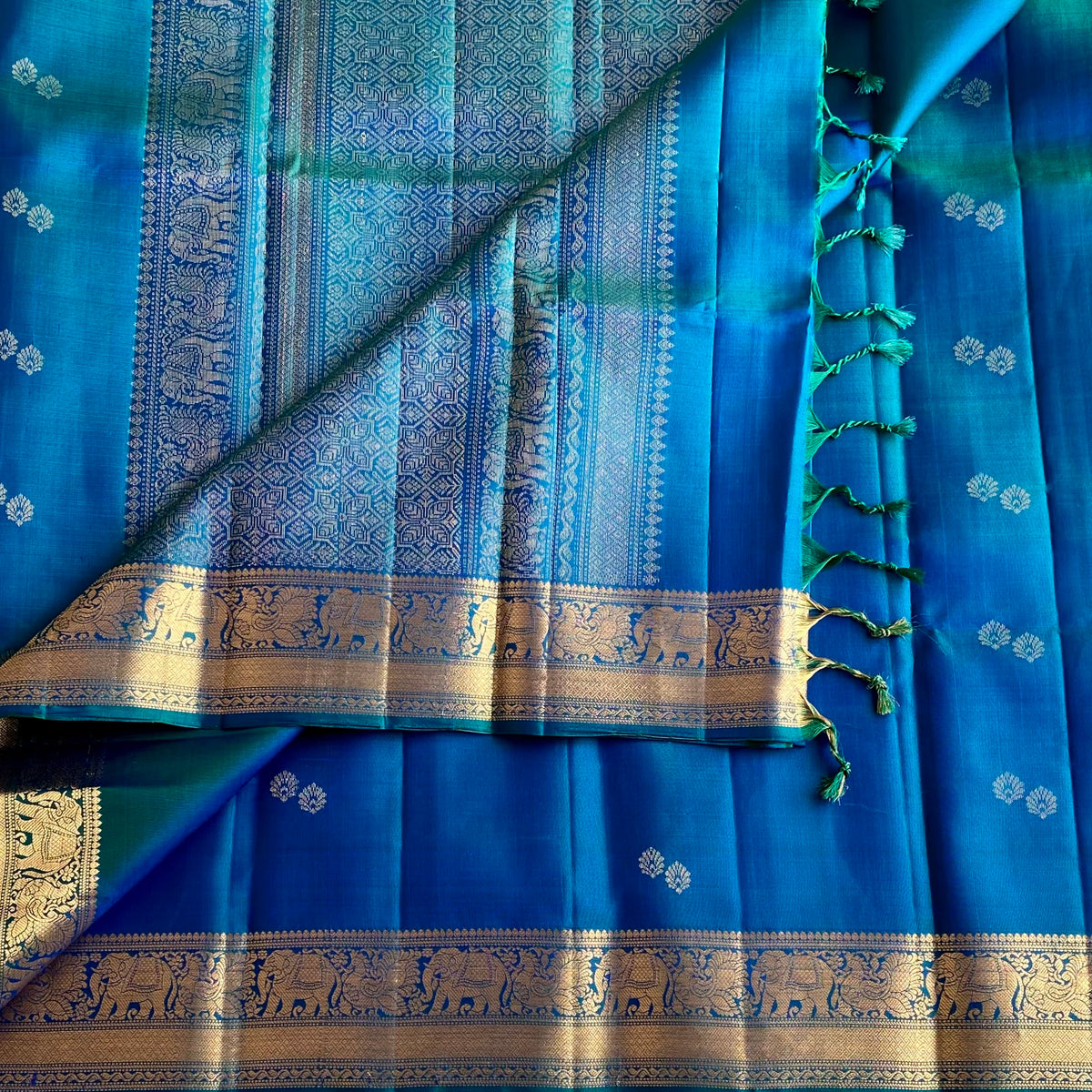 Peacock Blue Designer Pure Silk Saree With Twin Butta Antique Gold Zari