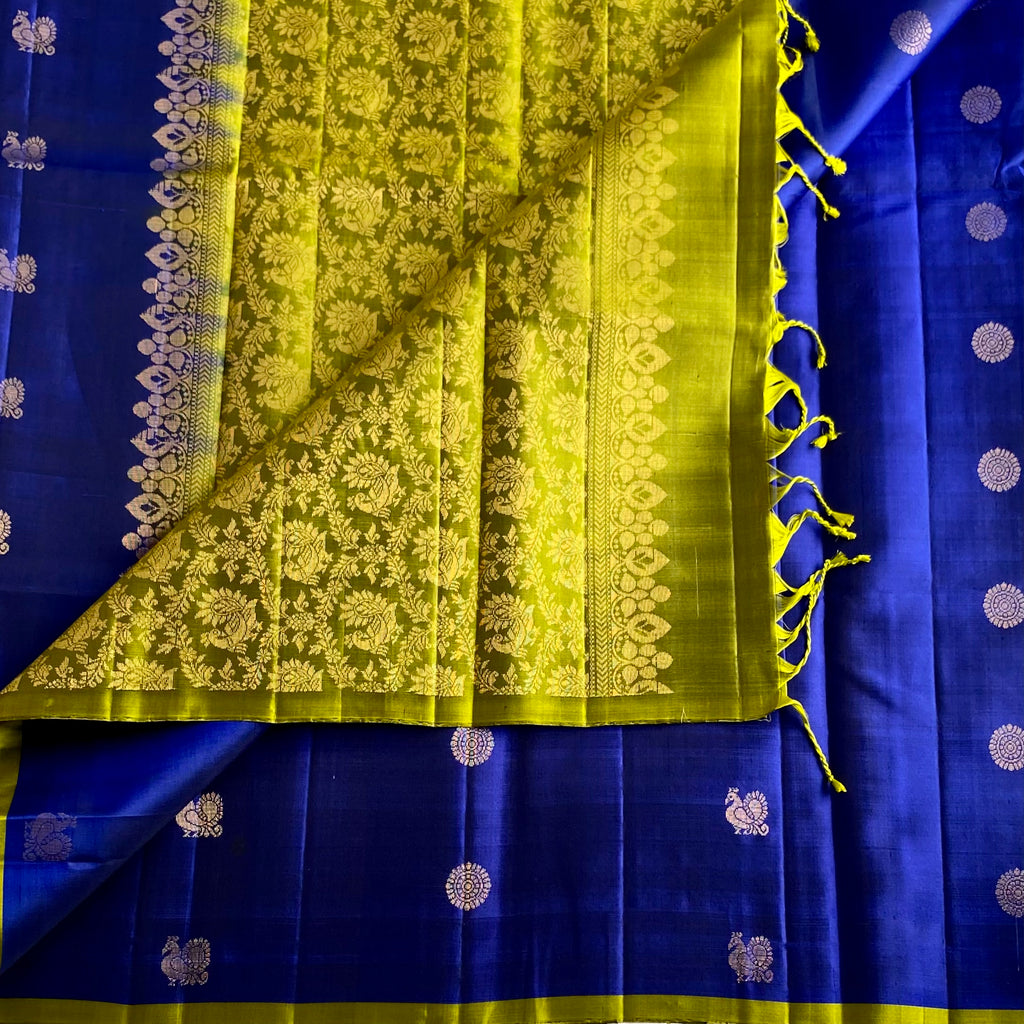 Royal Blue Designer Pure Silk Saree With Chartreuse Pallu