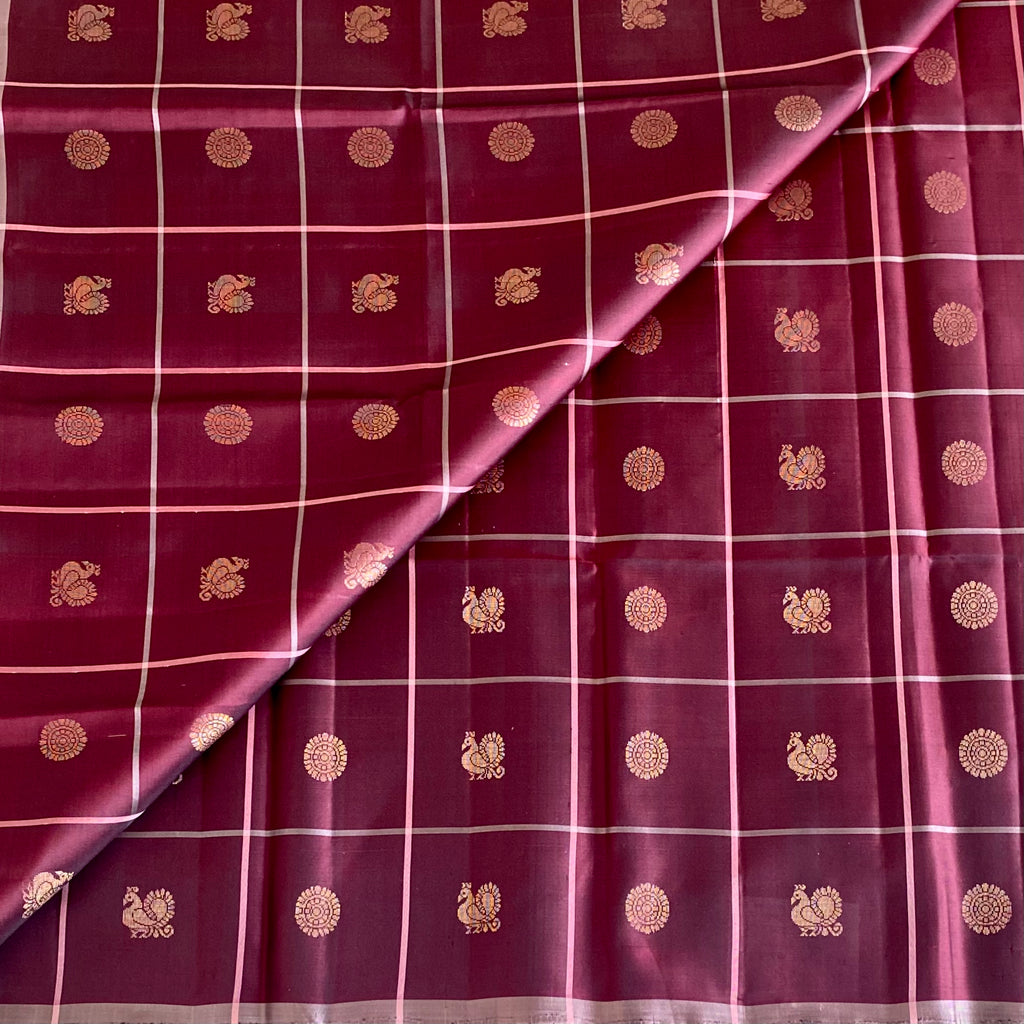 Burgundy Designer Pure Silk Saree With Dusty Rose Pallu And Gold Buttas