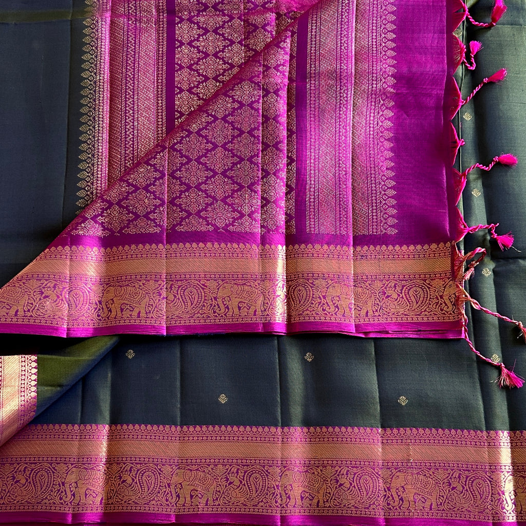 Olive Green Designer Pure Silk Saree Vivid Magenta Zari Border