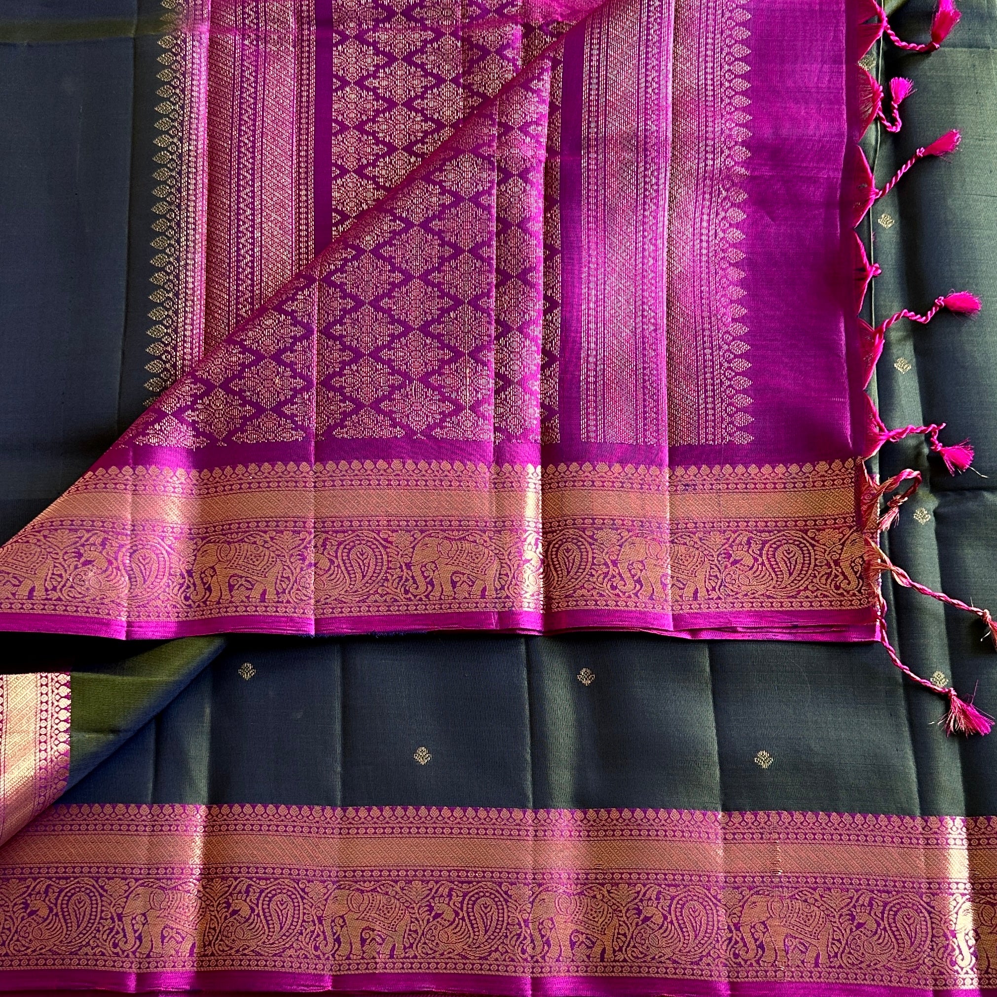 Olive Green Designer Pure Silk Saree Vivid Magenta Zari Border