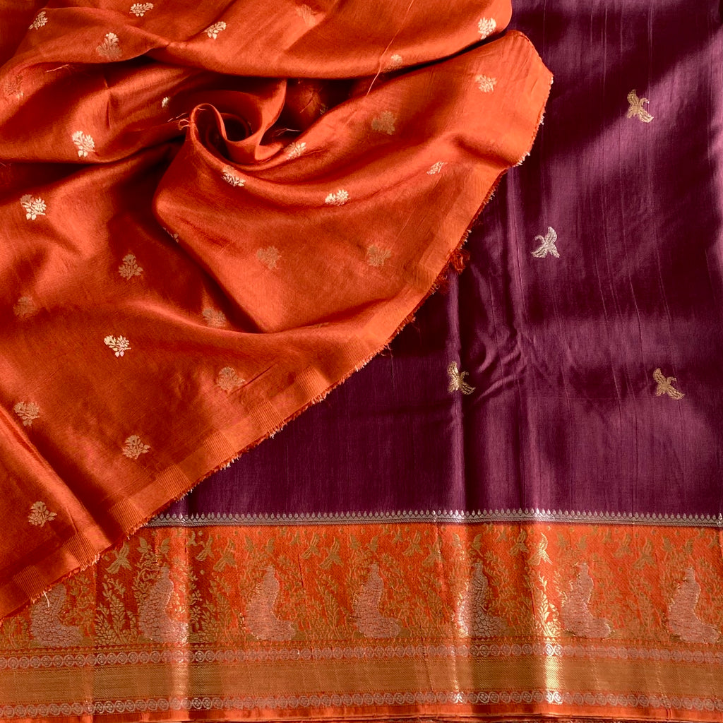 Deep Wine Maroon Soft Tussar Silk Saree With Saffron Orange Pallu