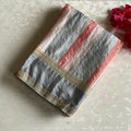 Silver Gray, White and Peach Striped Soft Tussar Silk Saree With Dusty Pink Pallu