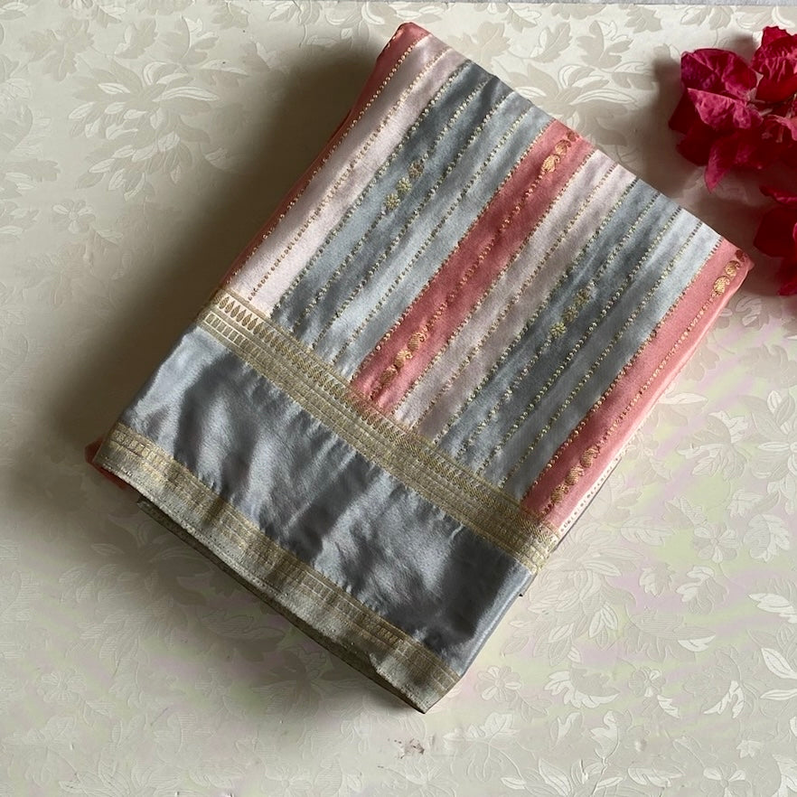 Silver Gray, White and Peach Striped Soft Tussar Silk Saree With Dusty Pink Pallu