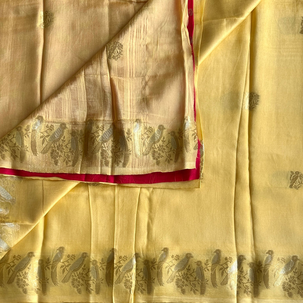 Butterscotch yellow softest tussar cotton wit quirky bird borders