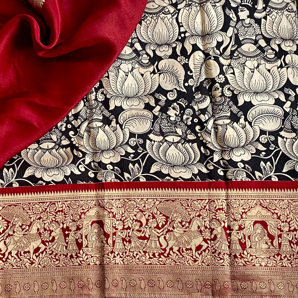 Jet Black Premium Kalamkari Soft Tussar Silk Saree With Antique Gold Deep Maroon Pallu