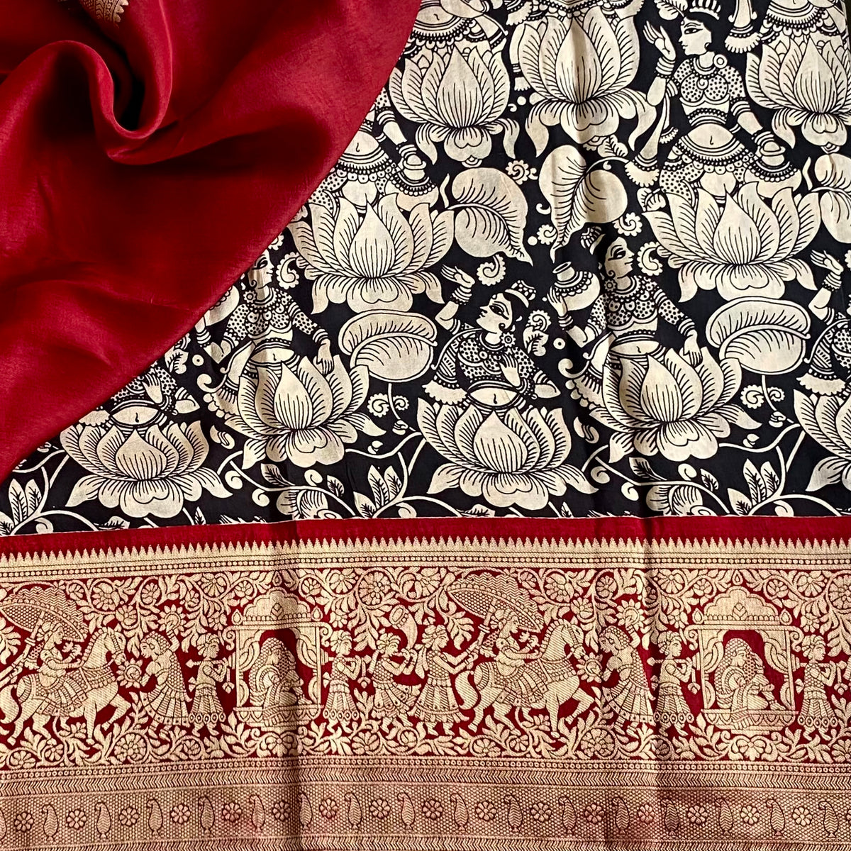 Jet Black Premium Kalamkari Soft Tussar Silk Saree With Antique Gold Deep Maroon Pallu