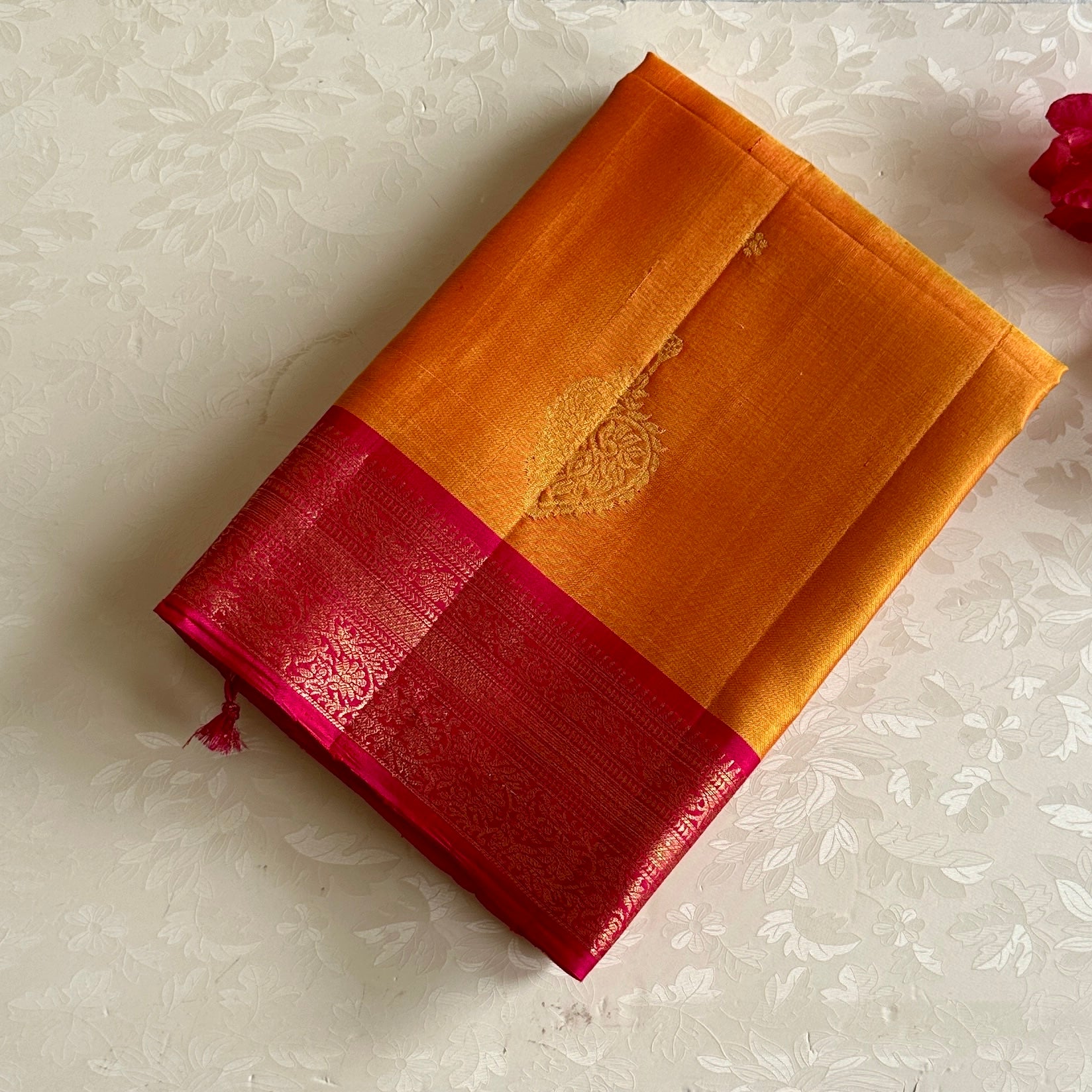 Sunset Yellow Designer Pure Silk Saree Magenta Pink Zari Border