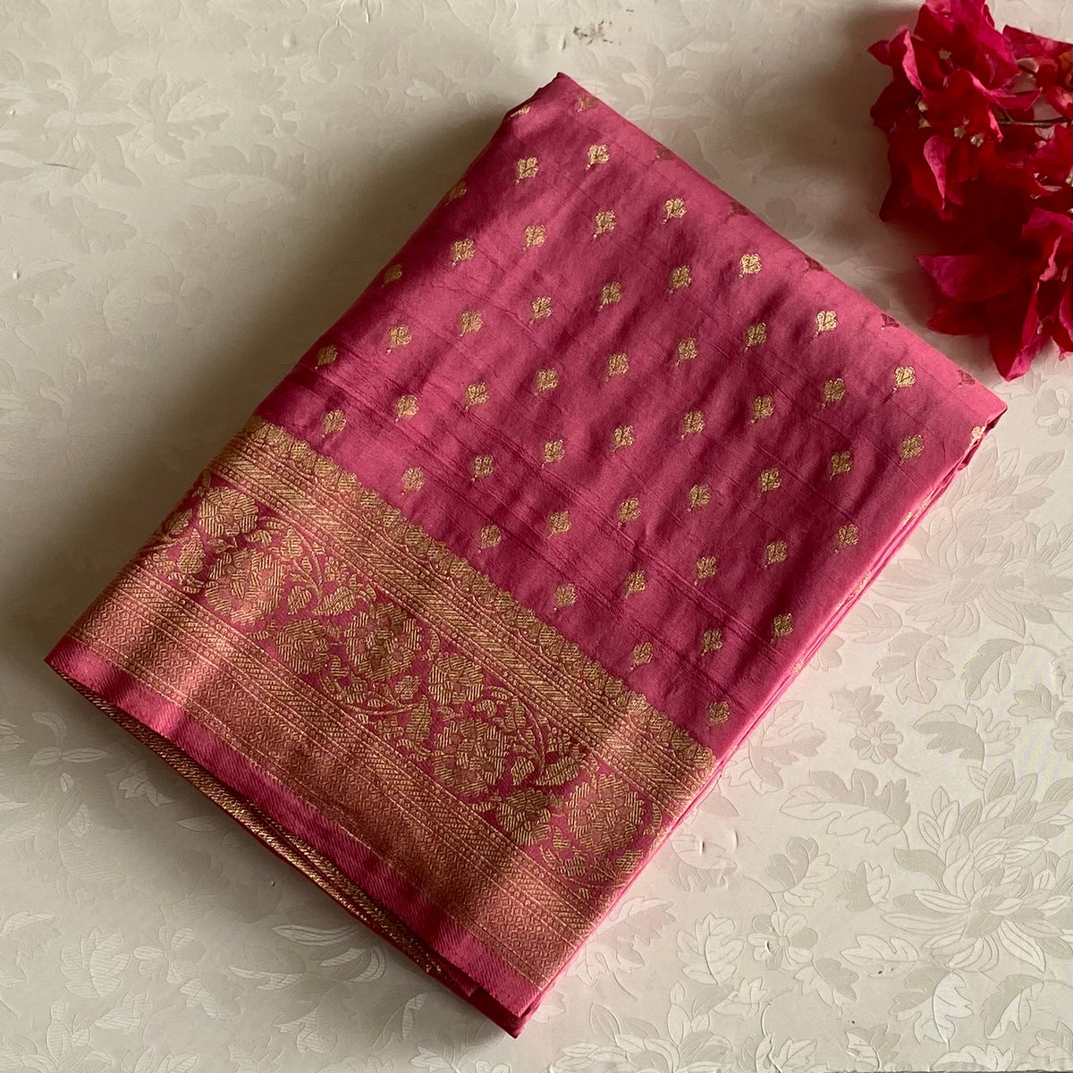 Rose Pink Soft Crepe Silk Saree With Maroon Pallu And Gold Zari