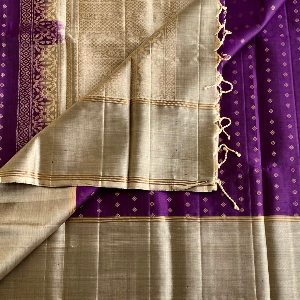 Royal Purple Designer Pure Silk with Metallic Grey With Tiny Buttas All over