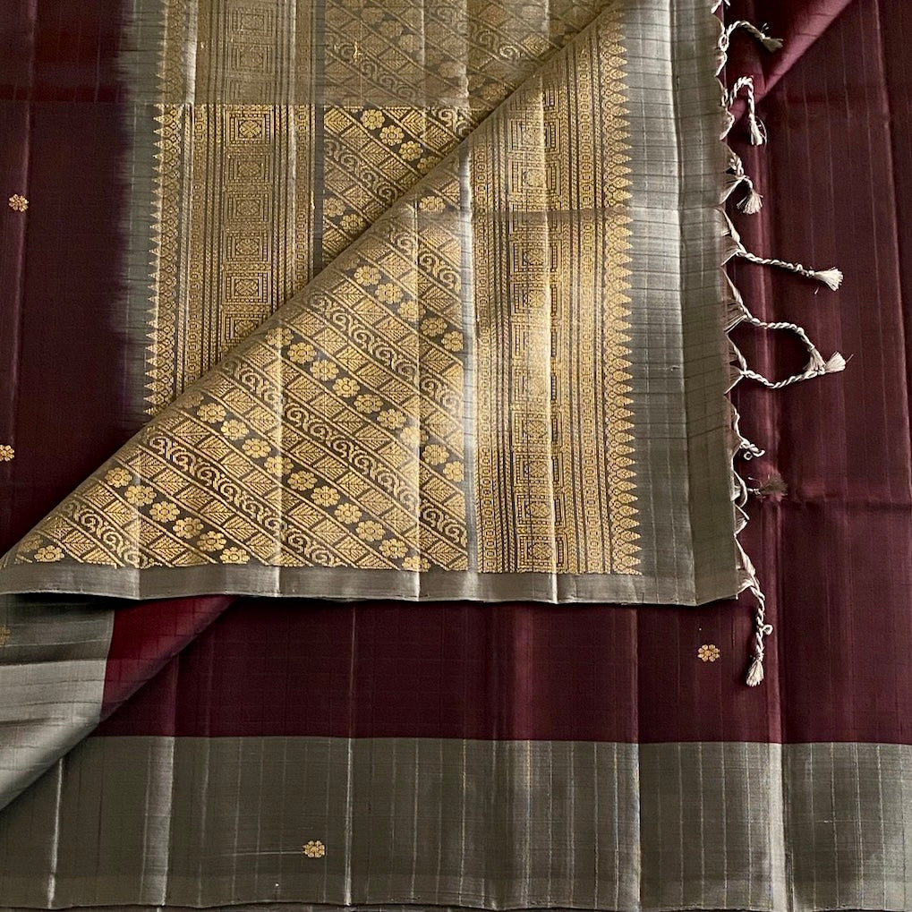 Deep Wine Maroon Designer Pure Silk With Silver Grey Pallu