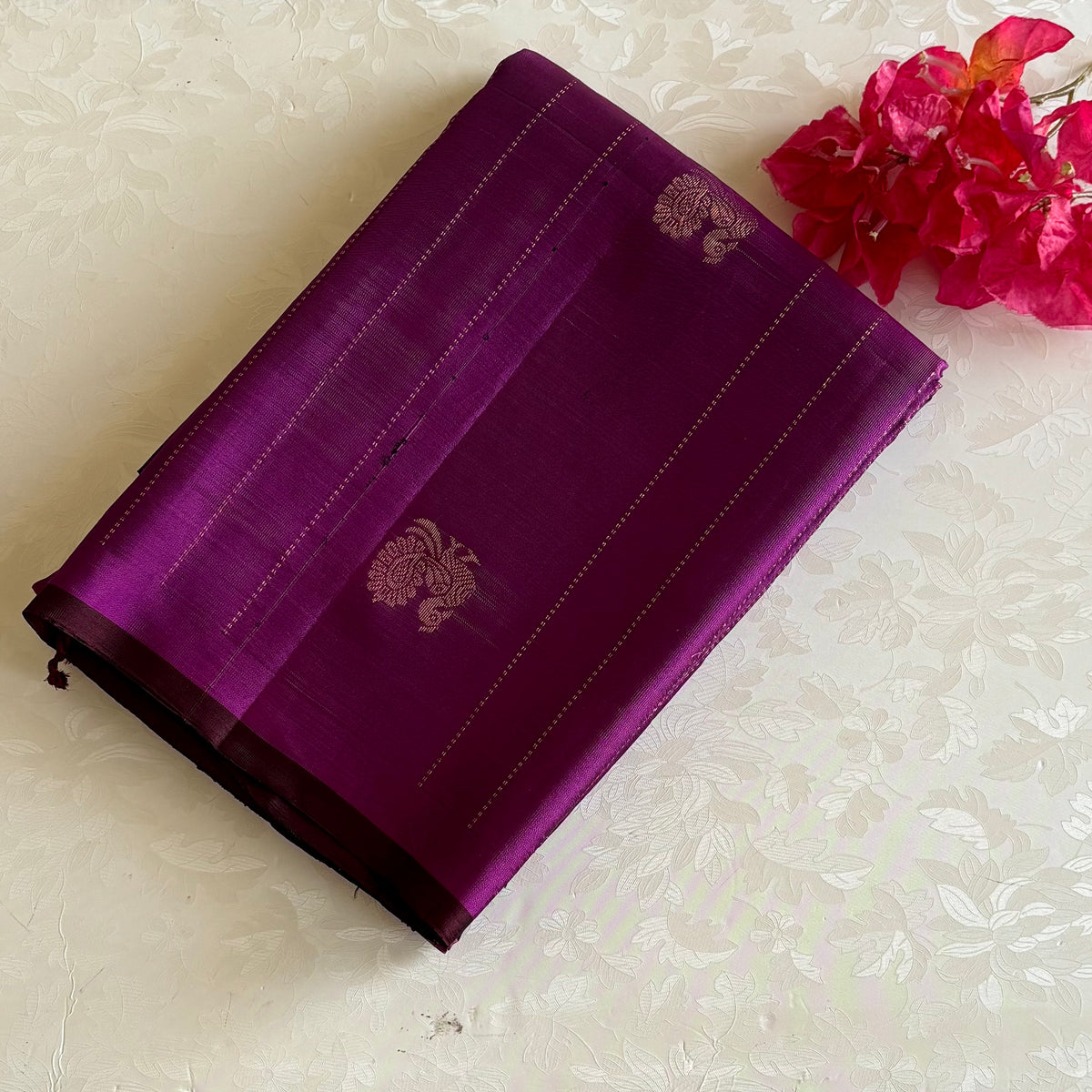 Deep Magenta Designer Pure Silk Saree With Wine Brown Pallu And Gold Zari
