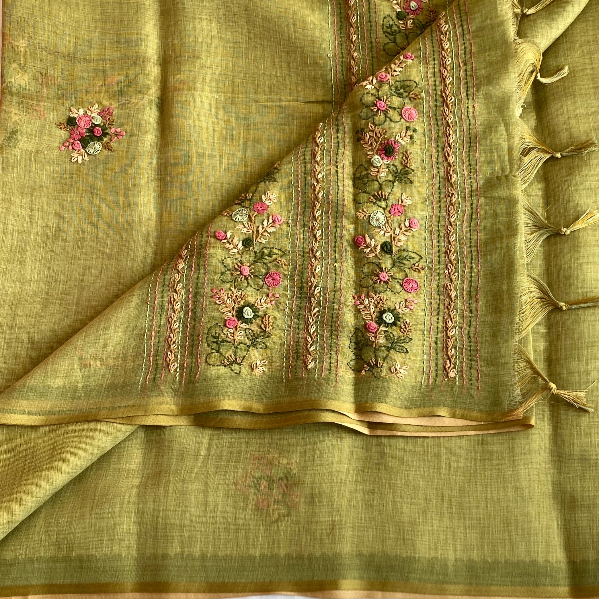 Sandy Beige Linen Saree Rose Pink Floral Embroidery Gold Zari