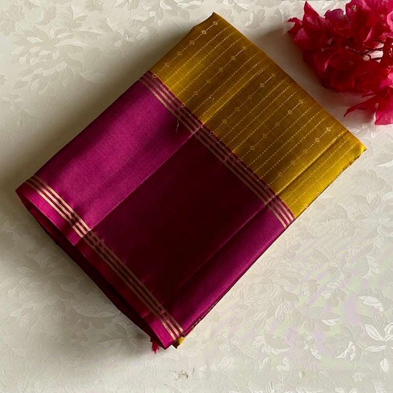 Golden Mustard With Magenta Intricate Zari Woven Designer Pure Silk