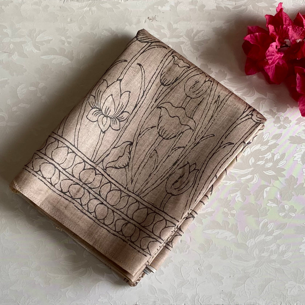 Natural Beige Grey Soft Tussar Silk Saree With Warm Grey Accents