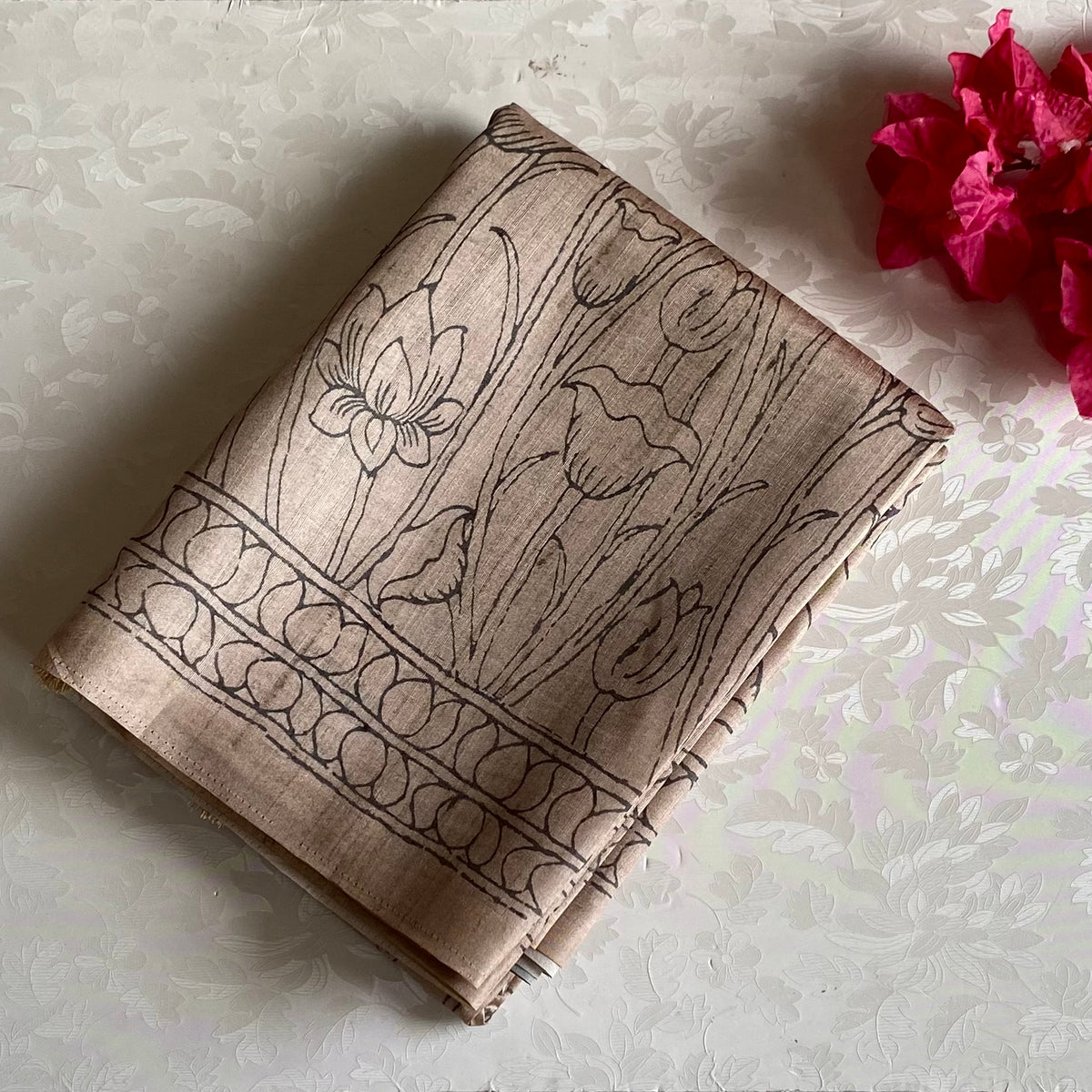 Natural Beige Grey Soft Tussar Silk Saree With Warm Grey Accents