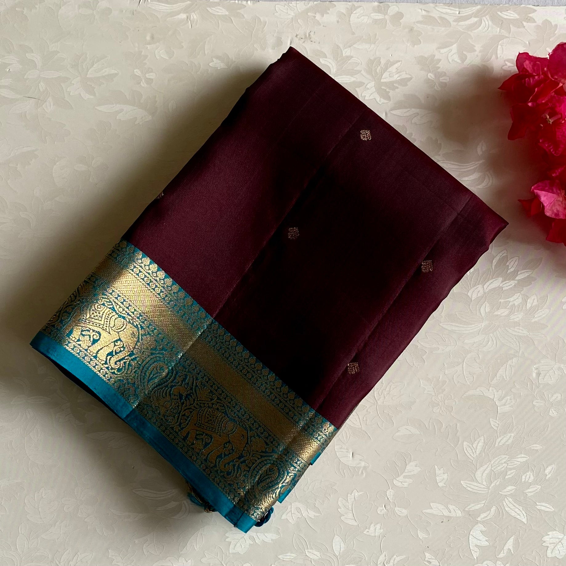Deep Coffee Designer Pure Silk With Teal Blue Pallu