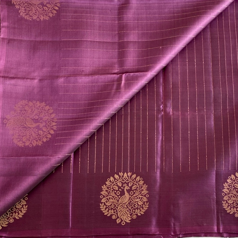 Plum Purple Designer Pure Silk Saree With Antique Gold Border And Pallu