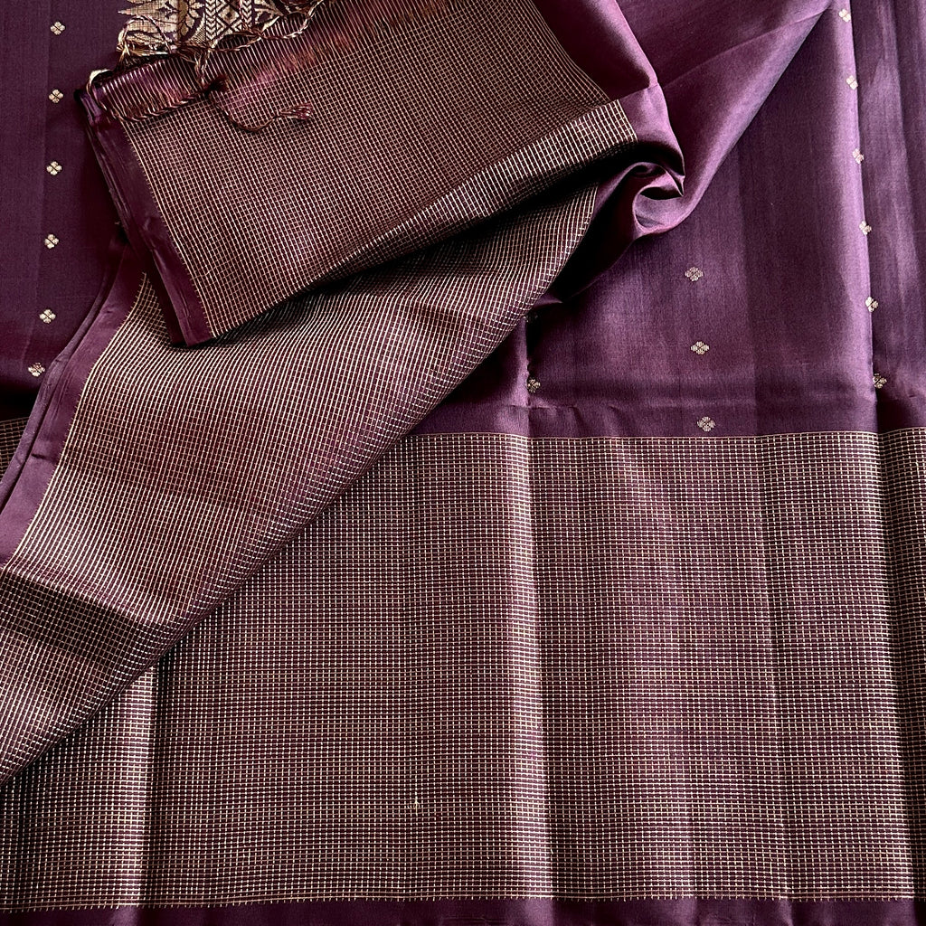 Deep Wine Checkered Pure Silk With Gold intricate Pallu lightweight elegance