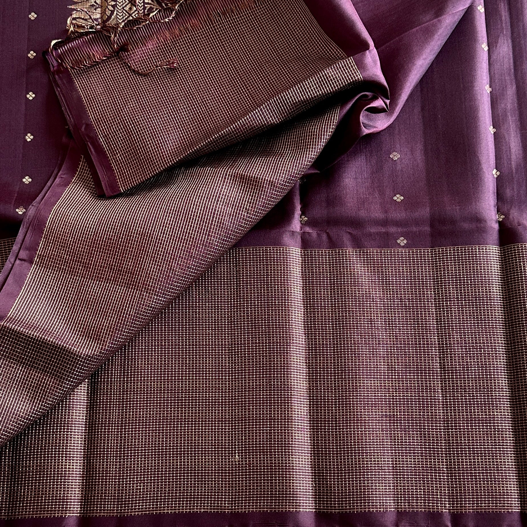 Deep Wine Checkered Pure Silk With Gold intricate Pallu lightweight elegance