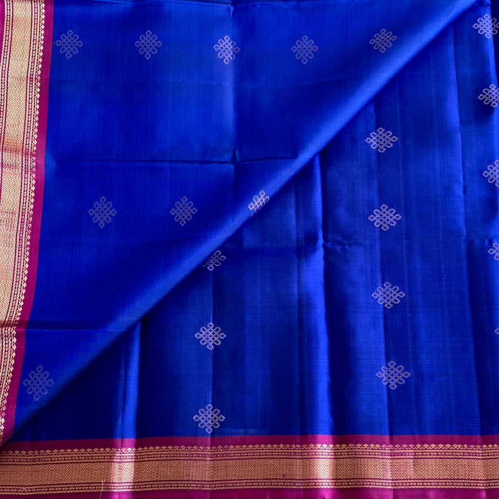 Deep Royal Blue Kollam Designer Pure Silk Saree With Magenta Floral Pallu