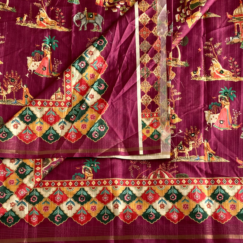 Deep Magenta Designer Soft Printed Tussar Saree Mustard Yellow & Mirror Work